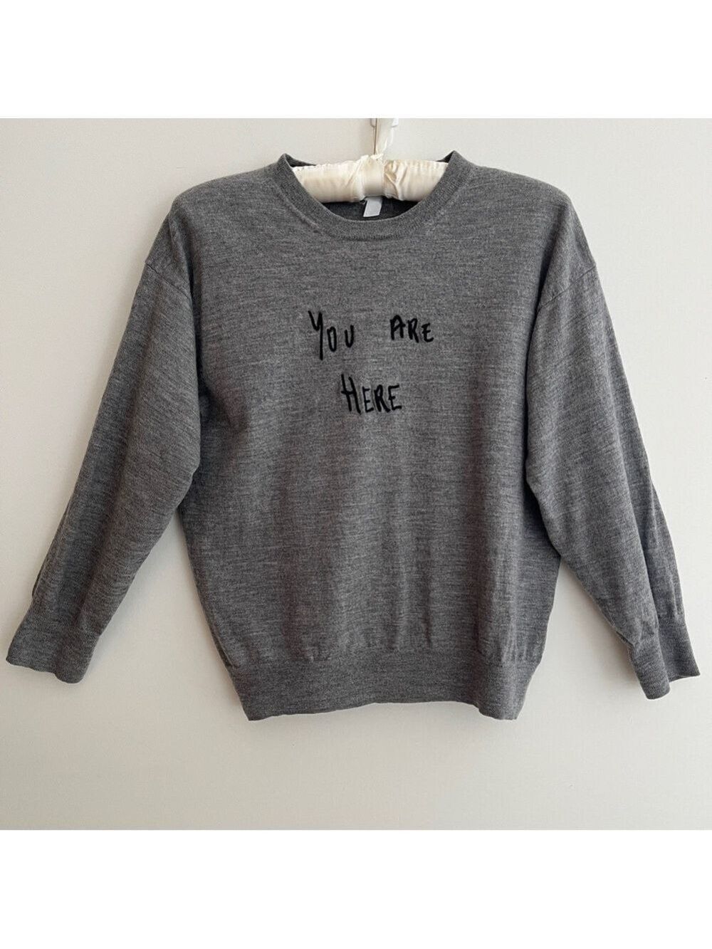 J. CREW 100% Merino Wool 3/4 Sleeve Embroidered Spell Out "You Are Here" Casual